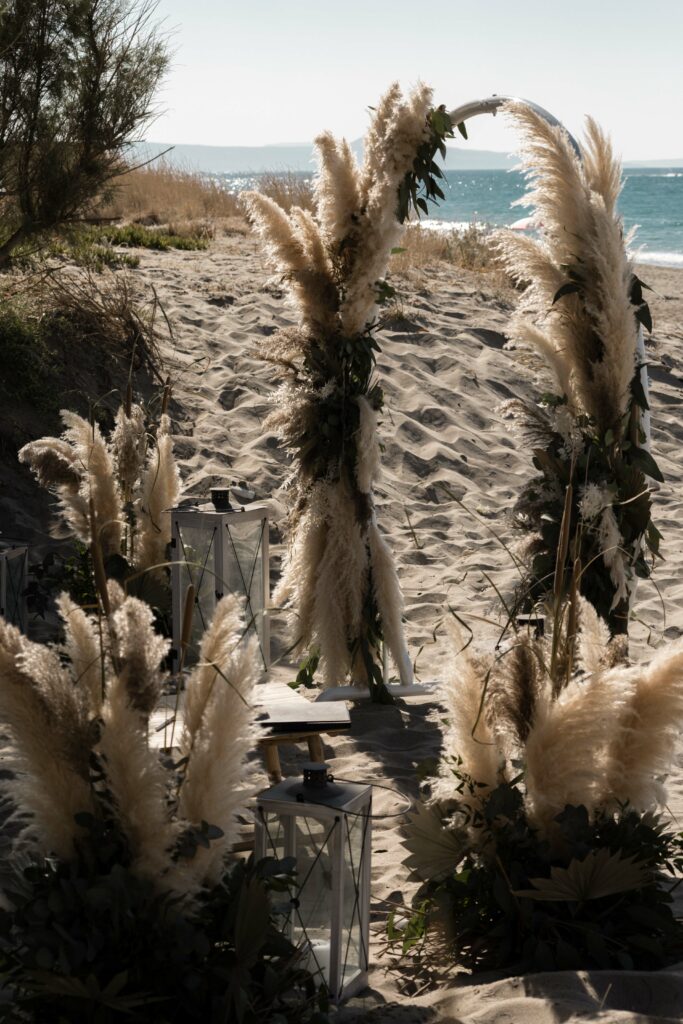 Traubogen mit Pampas Gras Palmenblättern und Trockenblumen
Wedding Arch with Pampas